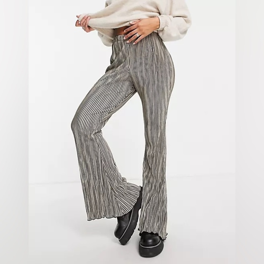 Plisse black striped flare elastic pants - TopShop
